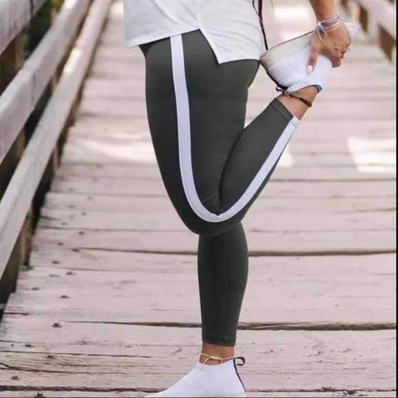 ZYIA Active Leggings 4 Forest Green High Rise Stripe Luxe 7/8 Workout - Picture 1 of 11